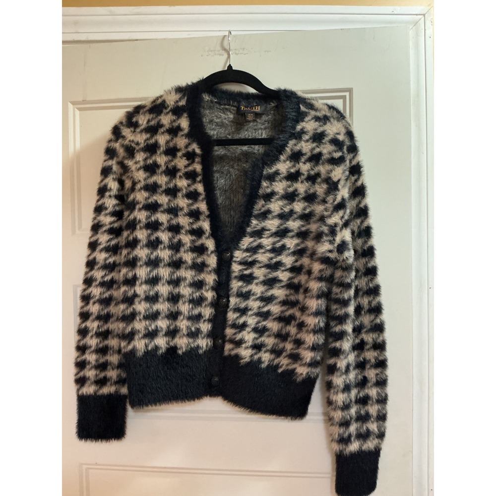 Truth by Republic Fuzzy Houndstooth Cardigan Sweater Black Tan V-Neck Sz M